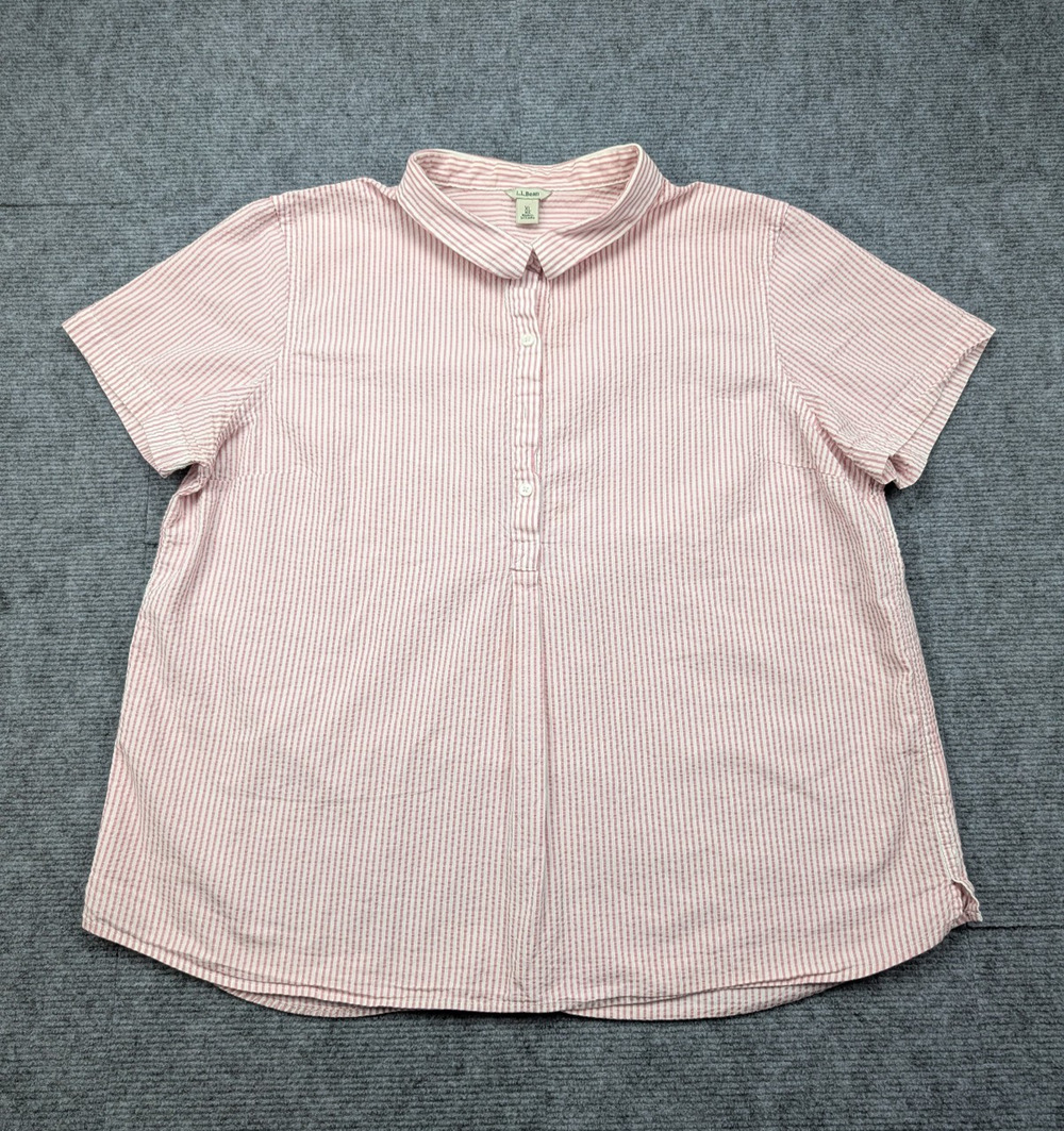 LL Bean Blouse Womens XL Seersucker Popover Camp Shirt Coastal Preppy Minimalist
